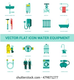 Vector flat icon water equipment. Equipment and household appliances for the kitchen, bathroom, heating. Plumbing tool.