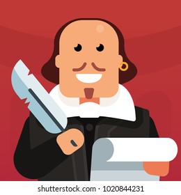 Vector flat icon of William Shakespeare. The creation of poetry. A genius writes a play. Creation of a literary masterpiece. Classic english literature. Funny picture of the writer.