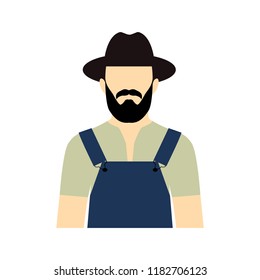 Vector flat icon of worker.  Farmer vector icon. Farmer with beard. Man with the beard and mustache. Vector bearded man. Vector fisherman. 