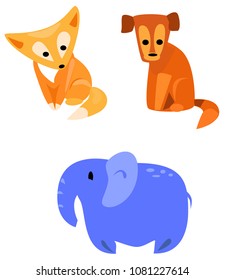 Vector flat icons animal  Dog, fox, elephant