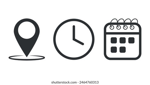 Vector flat icons of calendar, clock and map pin.