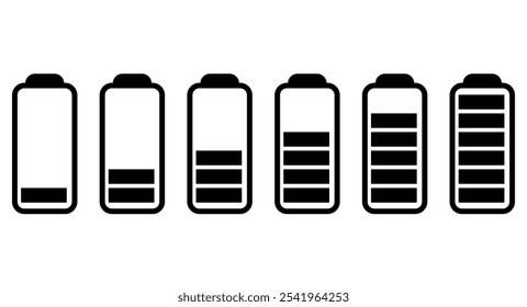 Vector flat icons of cell phone battery charging from 0 to 100% in black color isolated on transparent background, for websites and graphic resources.