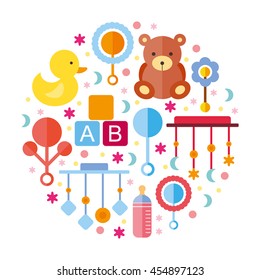 Vector flat icons. children's clothes, rattles, for kids toys. Set of baby shower elements isolated on white background.