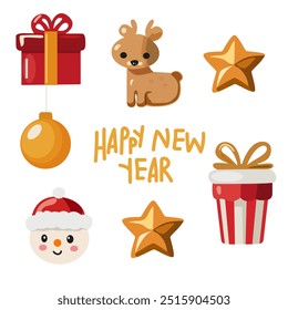 Vector flat icons for Christmas Card. Merry Christmas and Happy New Year element vector. Cartoon deer, snowman, Christmas gift and New Year's balls on the tree. Gold inscription on a white background