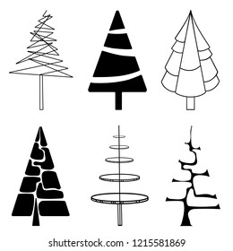Vector flat icons Christmas trees. Black and white abstraction of Christmas trees and fir trees.