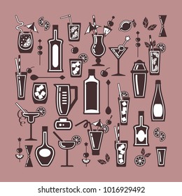 Vector flat icons of cocktails and bottles. Suitable for cocktail menu, graphic designe. EPS10
