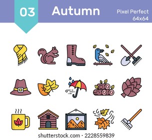 Vector flat icons concept autumn. Symbols set nature Fall season.