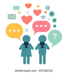 vector flat icons of couple with mobile phones isolated on white