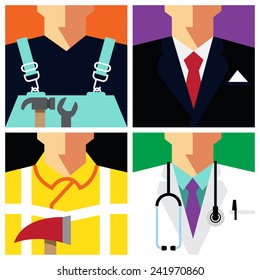 Vector Flat Icons Design 4 Occupations "Repairman, Businessman, Fireman, Doctor"  