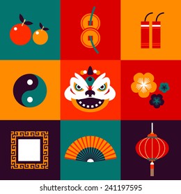Vector Flat Icons Design about Chinese New Year in Various Color.