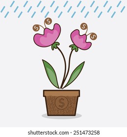 Vector flat icons design flower plant and rain of money and Dollar sign 