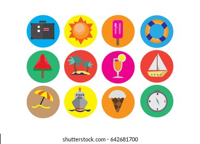 Vector flat icons design of vacation,holiday,summer in circles with white background Can be used for diagram, banner, number options, workflow layout, step up options or web design.