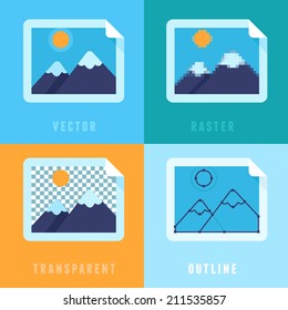 Vector flat icons - different image formats and styles - raster, vector, transparent and outline images