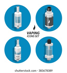 Vector flat icons of electronic cigarettes and components of items to vaping