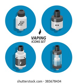 Vector flat icons of electronic cigarettes and components of items to vaping