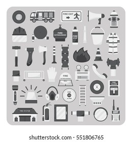 Vector of flat icons, Firefighting set on isolated background