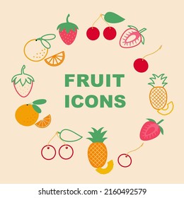 vector flat icons of fruits and berries, pineapple, orange, strawberry, cherry