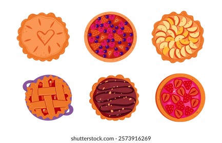 Vector flat icons illustration set of desserts and bakery products. Doodle style drawing isolated on white background .Hand drawn pie illustration sweet with fruit for banner web and social media .