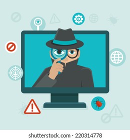 Vector flat icons and illustrations - internet security and spyware warning - computer attack and virus infection