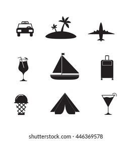 Vector flat icons with the image of the plane, car, a palm tree, a suitcase, ice cream. Set of icons about travel to the south