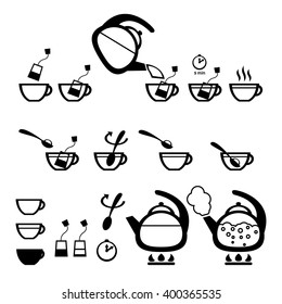 Vector flat icons isolated on white, instruction for making tea, infographic