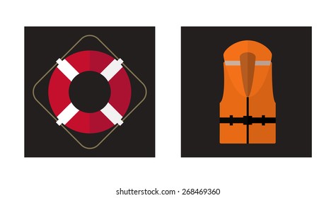 Vector flat icons of lifebuoy and life jacket.