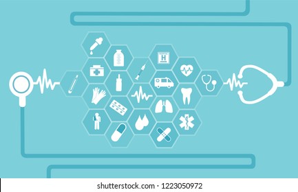 Vector flat icons in medicine healthcare symbols for poster, web banner and card 