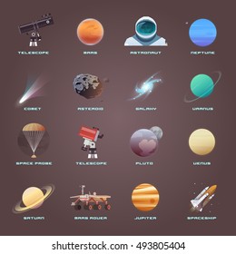 Vector flat icons on the theme: astronomy, space exploration, space technology.