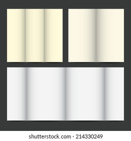 Vector flat icons or pattern with empty, blank notebook, brochure, document black and white hard covers on gray, yellow gradient background. Concept of education, writing, reading, office, content.