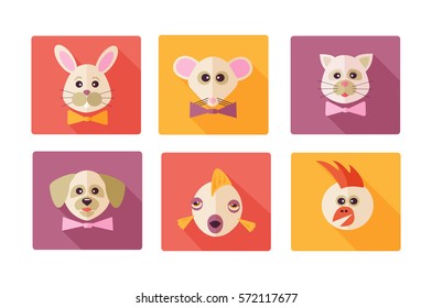 vector flat icons of pets : bunny, rat, cat, dog, fish, bird in pastel soft colors