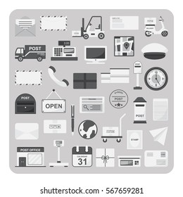 Vector of flat icons, Postal service and post office set on isolated background