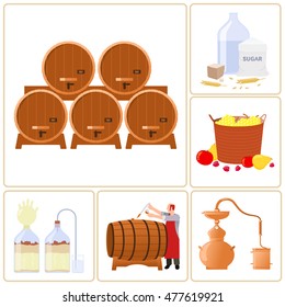 Vector flat icons - production of whiskey, moonshine, alcohol, and vodka. Isolated on a white background.