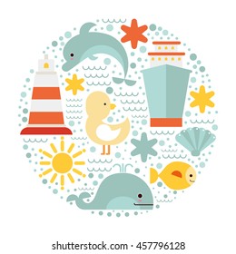 Vector flat icons. Sea and ocean. underwater inhabitants. Summer Adventures. Elements for infographic. For Travel company