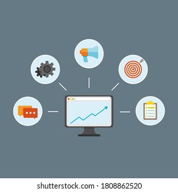 Vector Flat Icons Set, Analytic Growth, Graphic design with Flat  Icons of Speakers, Message, Traget, Computer, Etc 