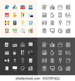 Vector flat icons set of business office tools outline concept.