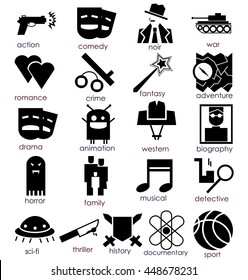Vector flat icons set. Cinema genres theme. Black and white
