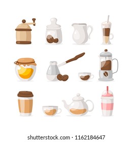 Vector flat icons set of coffee/tea isolated on white background: grinder, coffee beans, honey, frappe, coffee to go, tea, milk, milkshake etc
