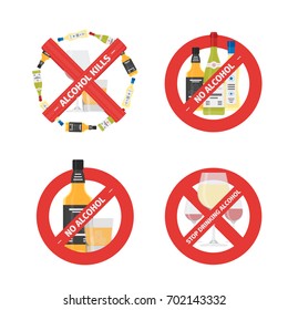 Vector flat icons set of concepts stop drinking alcohol with bottles and glasses. Vector realistic flat no alcohol icons set isolated on white background.