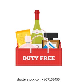 Vector flat icons set of Duty Free shop bag and catalog icons for perfume, alcohol, chocolate and cigarette packs at airport. Isolated illustration of store building for tax free airport shopping.