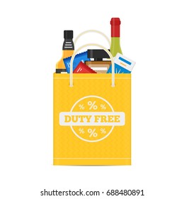 Vector flat icons set of Duty Free shop bag and catalog icons for perfume, alcohol, chocolate and cigarette packs at airport. Isolated illustration of store building for tax free airport shopping.