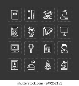 Vector flat icons set of education school tools outline concept.