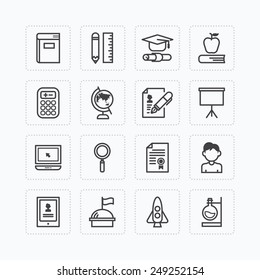 Vector flat icons set of education school tools outline concept.