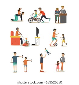 Vector flat icons set of father with child characters isolated on white background. Fathers playing video games, leisure games, walking in park, doing sport and homework with their children.