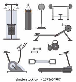 Vector flat icons set of fitness tools. Sport equipment in cartoon style. Active lifestyle accessories. Fitness or gym powerlifting tools theme. Workout, bodybuilding isolated on white background