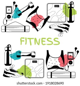 Vector flat icons set of fitness tools. Gym bag essentials, top view.