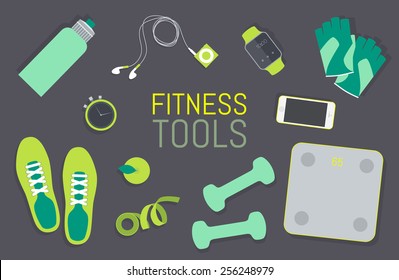 Vector flat icons set of fitness tools. Gym bag essentials, top view.