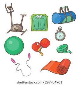 Vector flat icons set of fitness tools, fitness elements. Gym bag essentials, top view.