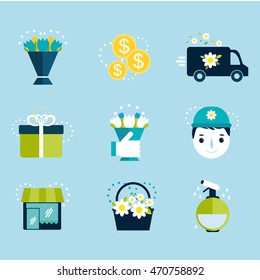 vector flat icons set flower delivery. car, gift, flowers in hand, courier, money, basket, flower shop. Use icons for web design, infographics, shop decoration, packaging, flyers, textile, background.