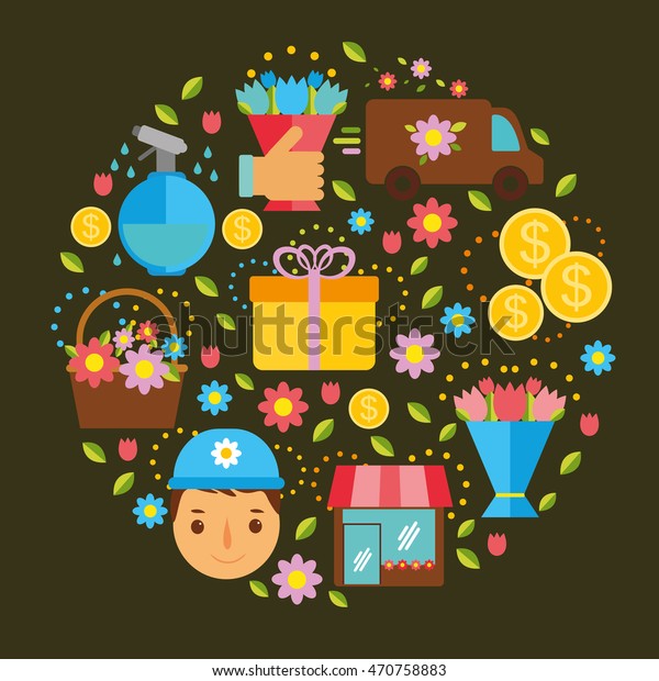 vector flat icons set flower delivery. car,\
gift, flowers in hand, courier, money, basket, flower shop. Use\
icons for web design, infographics, shop decoration, packaging,\
flyers, textile,\
background.