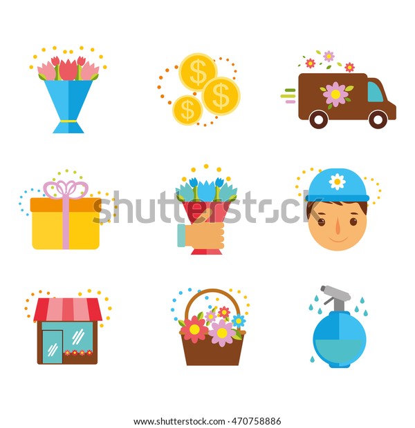 vector flat icons set flower delivery. car,\
gift, flowers in hand, courier, money, basket, flower shop. Use\
icons for web design, infographics, shop decoration, packaging,\
flyers, textile,\
background.